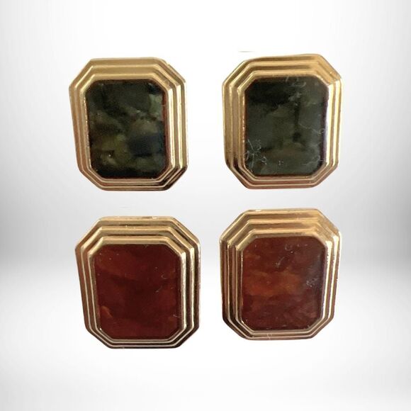 1985 Park Avenue Avon Earrings - Marbled Jade and Bordeaux with Gold Trim  - NIB - Picture 1 of 5